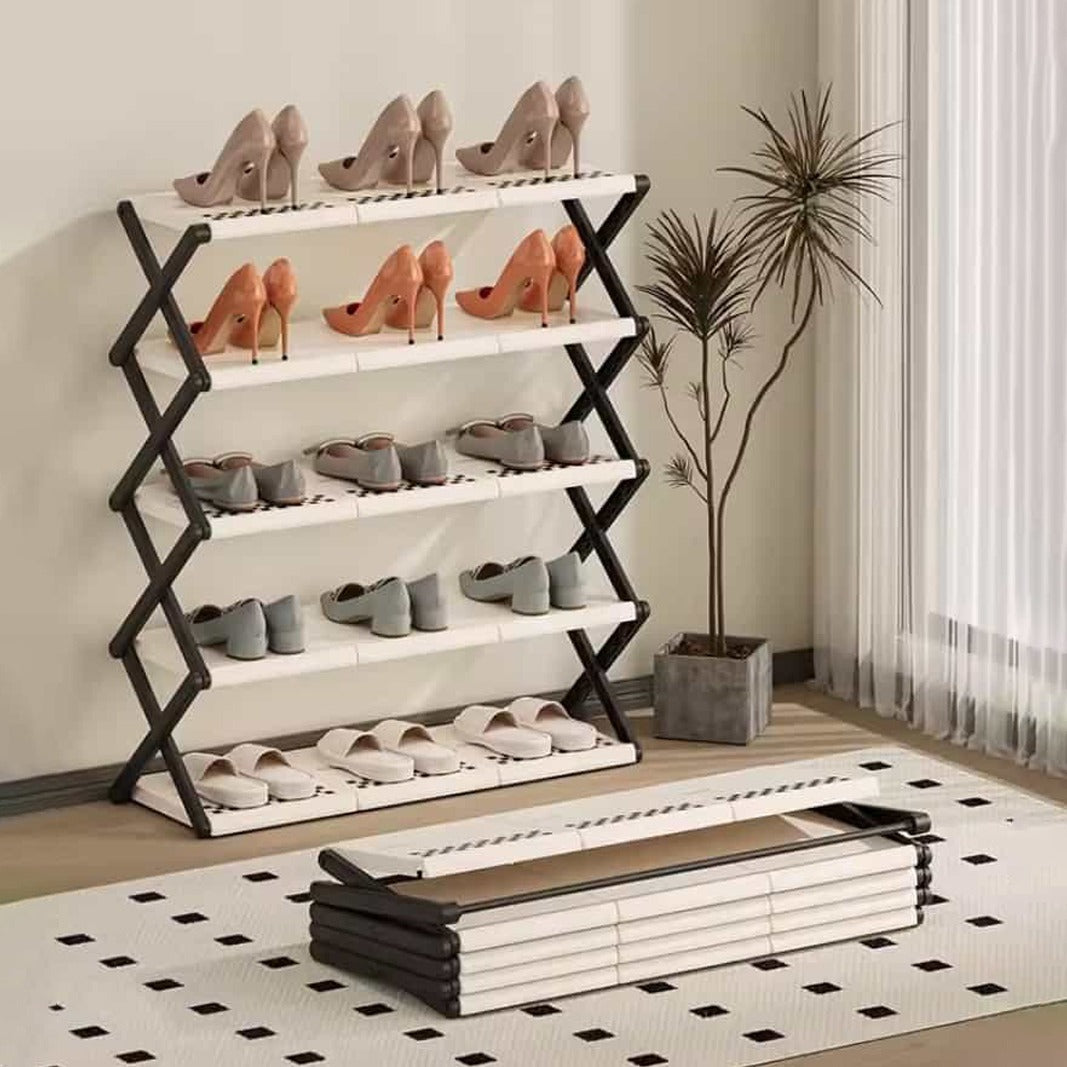 Shoes Storage Organizer placed on the floor in front of a Foldable Multi-Layer Shoe Rack Shelf