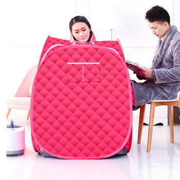 A girl in a red Portable Folding Steam Tent Spa Room