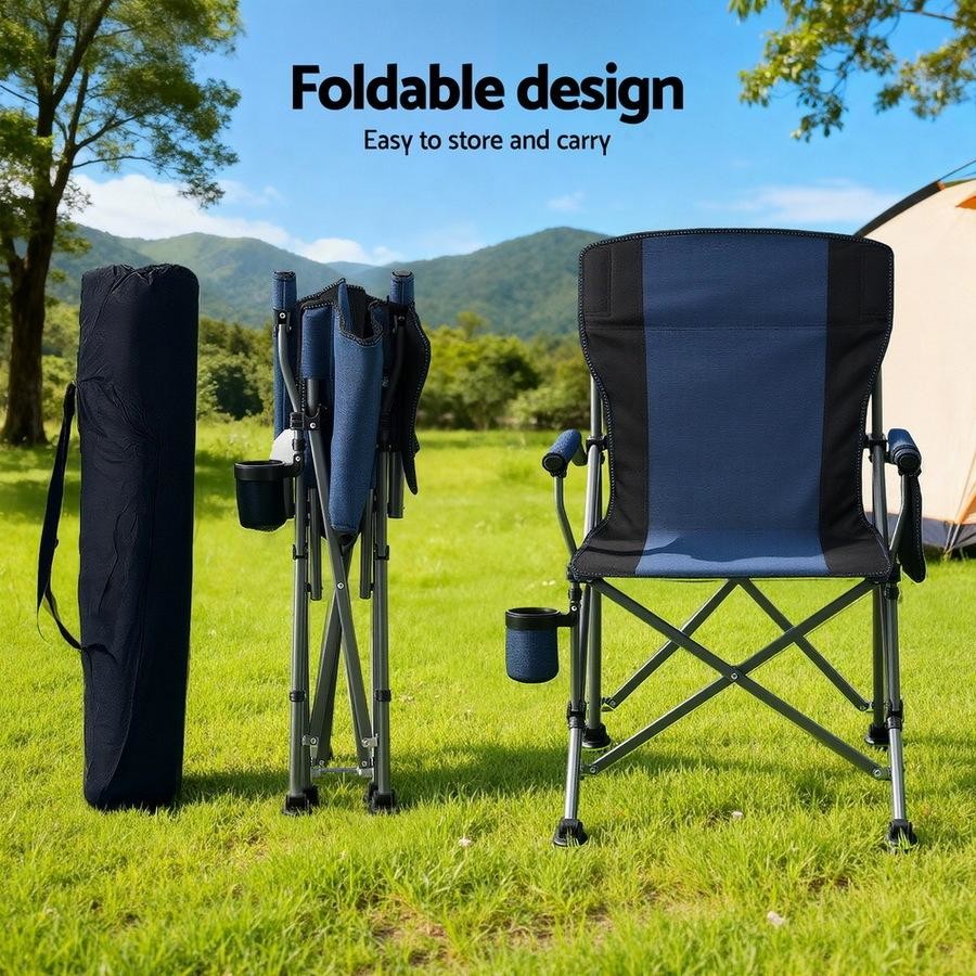 Foldable camping chair with carrying bag in a grassy outdoor setting