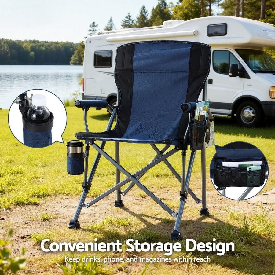 Camping chair with storage pockets in front of a camper van by a lake.