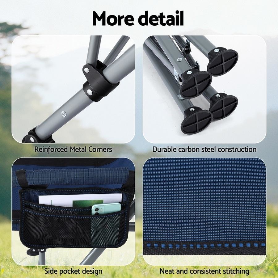 Collage of Foldable Camping Chair parts with text highlighting features like reinforced metal corners, durable carbon steel construction, side pocket design, and neat stitching.