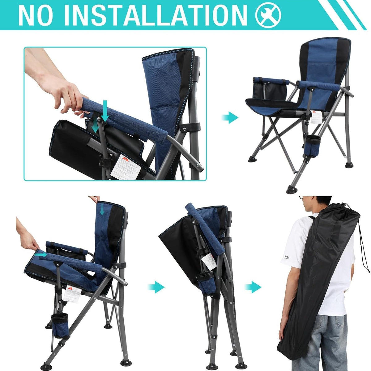 Collapsible camping chair with carrying bag, no installation required.