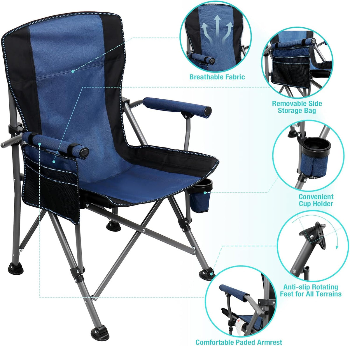 Blue camping chair with features highlighted on a white background