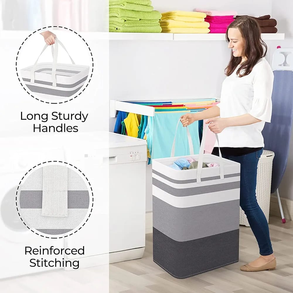 A Women Lifting Foldable Cloth Storage Laundry Bin.