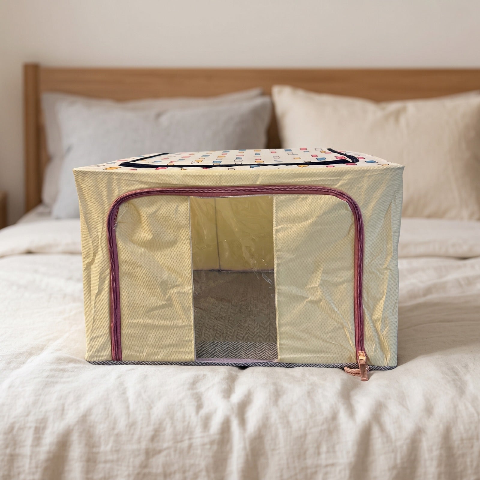 Foldable Cloth Storage Organizer Kept in a Bed.