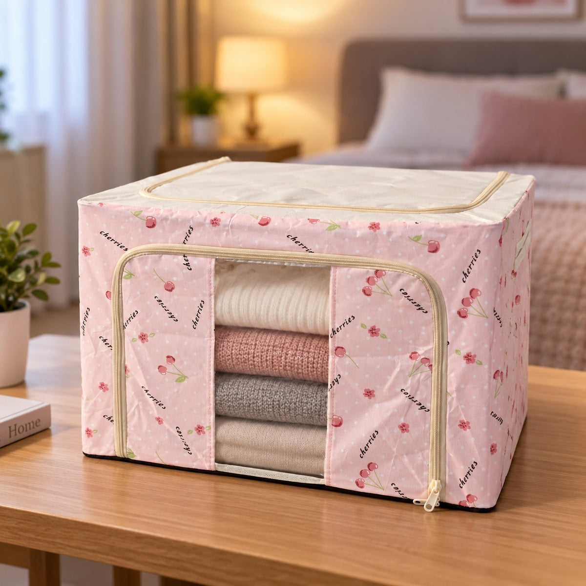 A Foldable Cloth Storage Organizer Box with a cherry and script pattern, featuring a clear zippered window, placed on a wooden table in a living room setting.