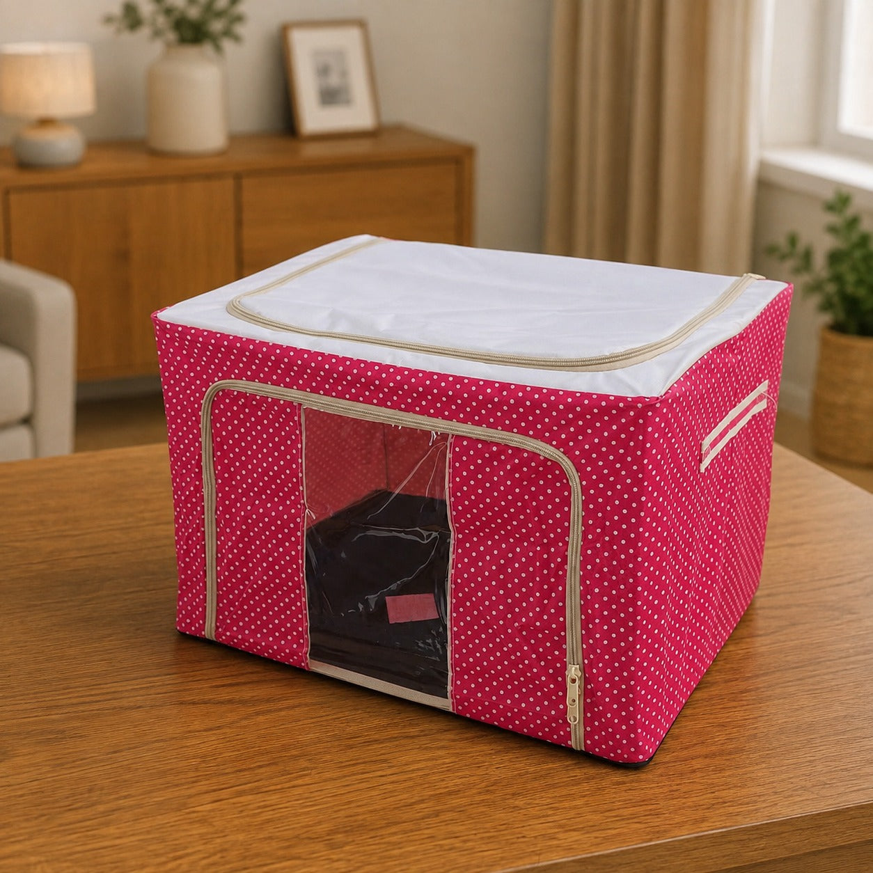 Foldable Cloth Storage Organizer Box in a wooden table.