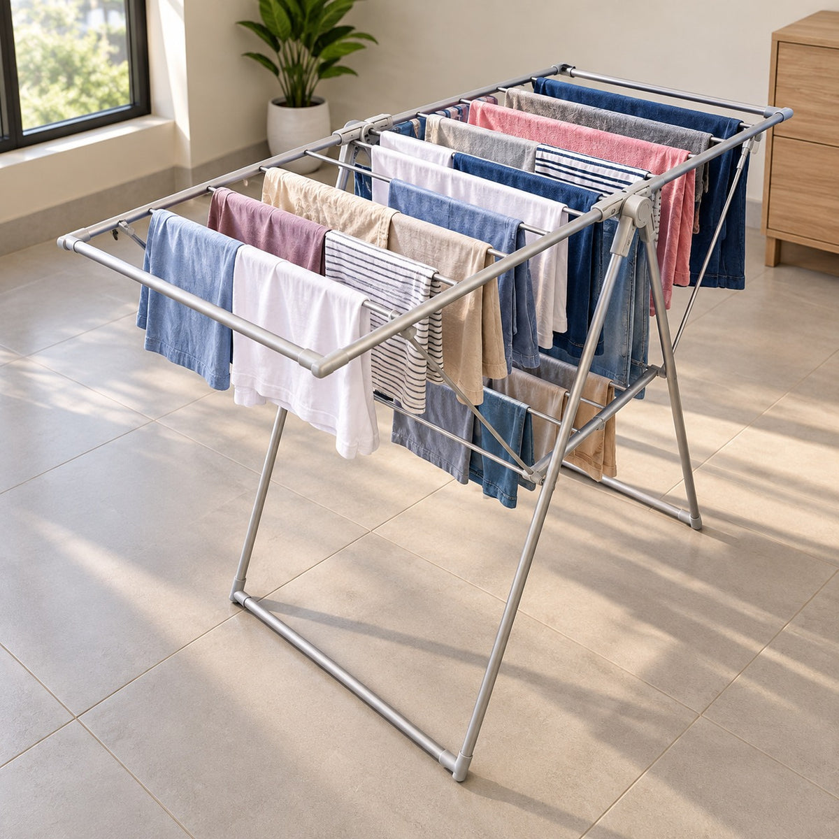 A silver metal folding clothesline stand holding multiple towels and shirts in blue, white, pink, and beige tones, set in a bright room with tiled floors, a window, and a potted plant.