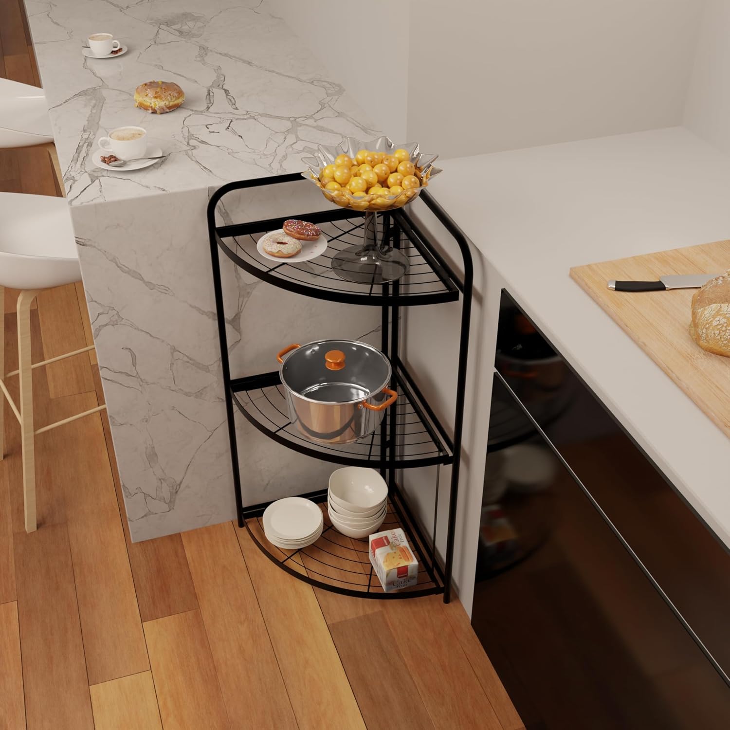 A Foldable Corner Storage Rack is Placed at the Corner Of Kitchen.