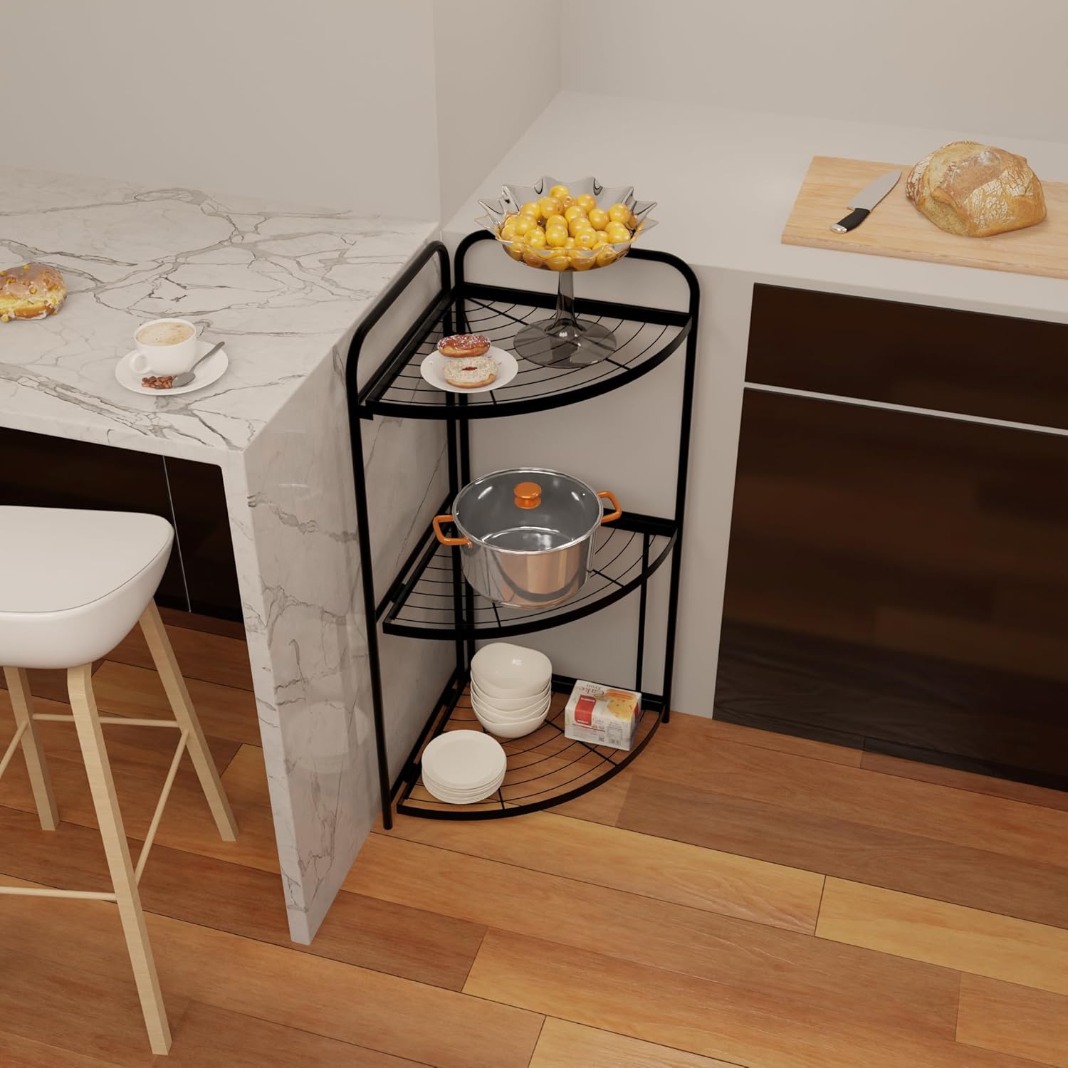 A Foldable Corner Storage Rack is Placed at the Corner Of Kitchen.