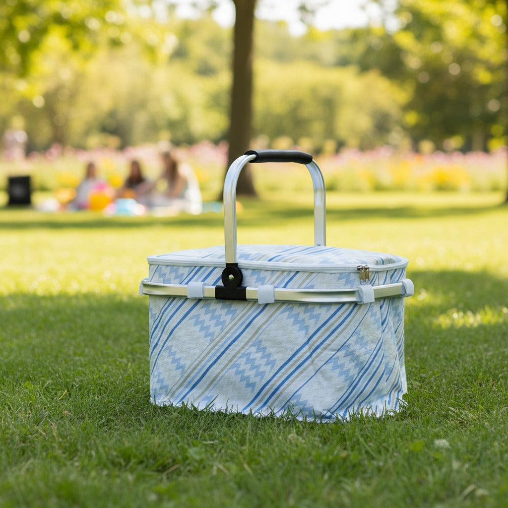 A Foldable Insulated Camping Picnic Basket is Placed in a Picnic Area.