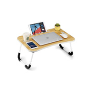 A portable lap desk with a light wood-grain top and white legs with black feet, shown on a white background with various desk accessories like a laptop, tablet, mouse, and cup holder.
