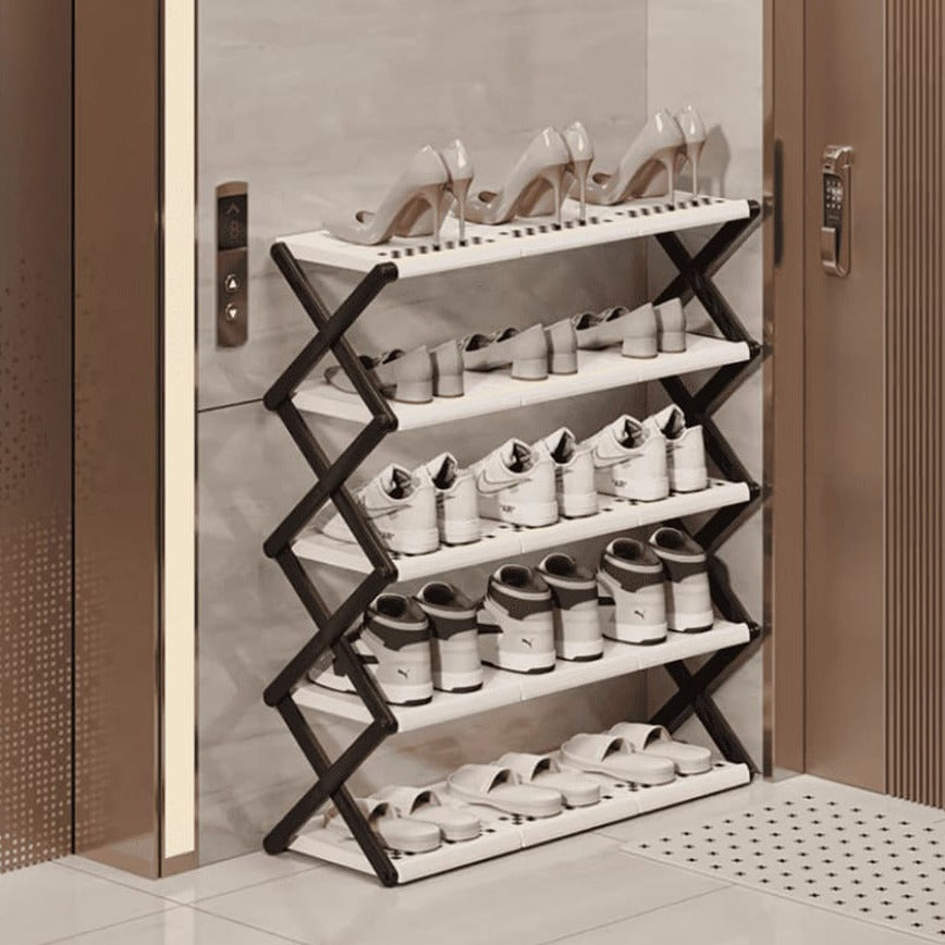 Foldable Multi-Layer Shoe Rack Shelf placed on the floor with some shoes and chappals