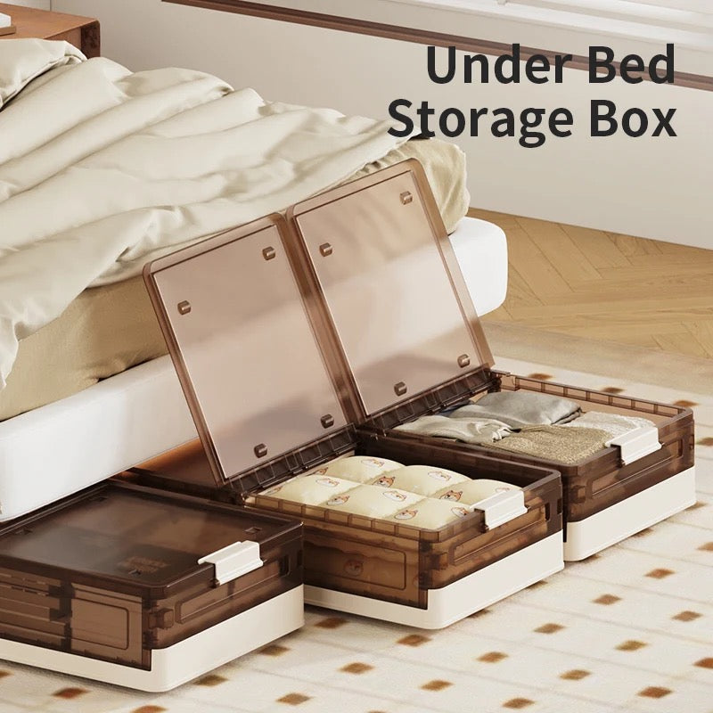 Foldable Under Bed Rolling Storage Organizer Container Organized With Different Items.