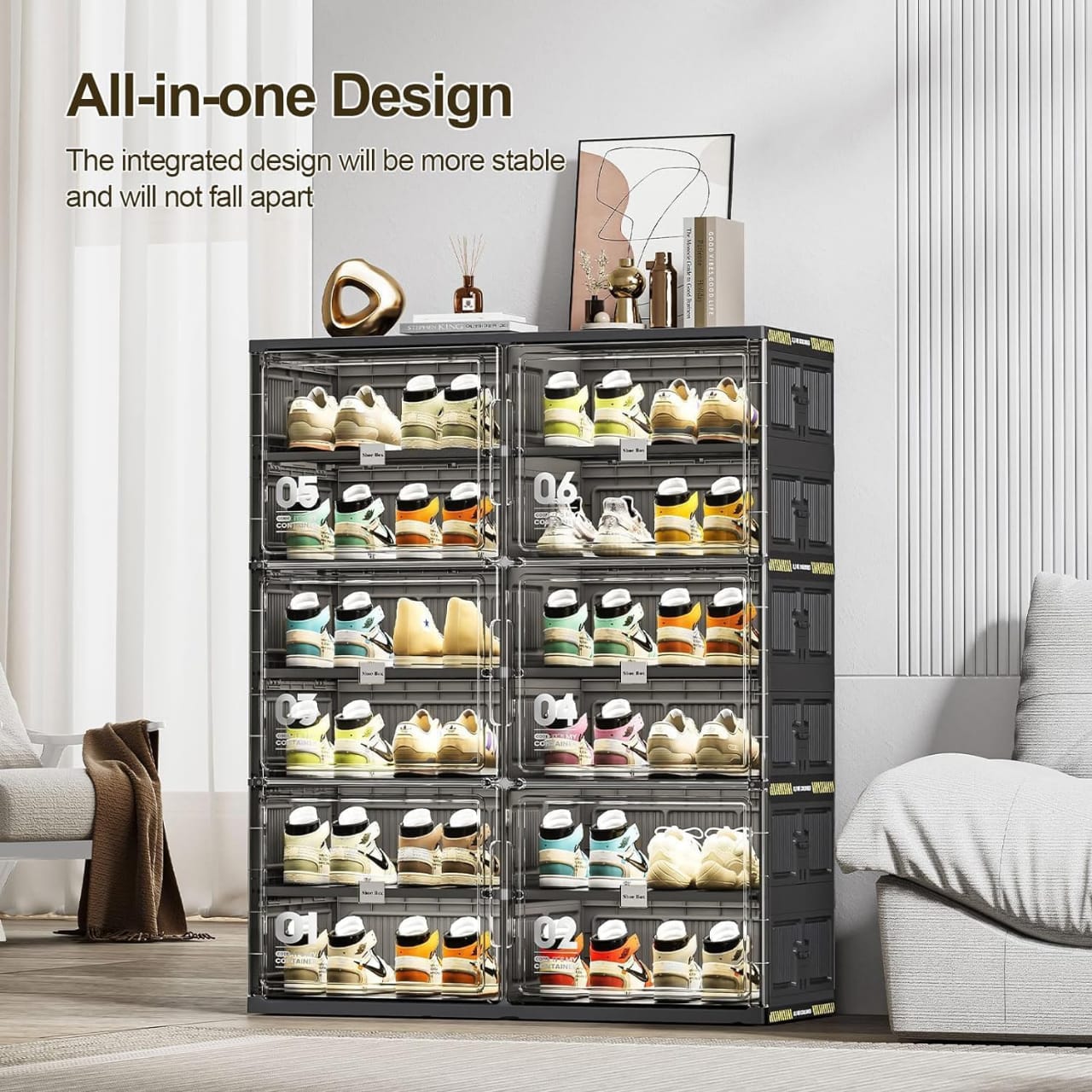 6 Layer Foldable Shoe Rack Storage Cabinet With Shoes are Arranged On it.