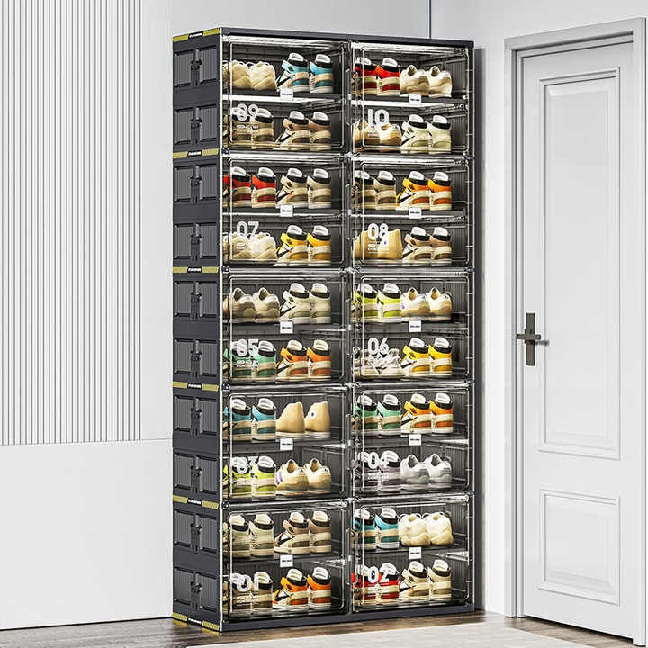 Foldable Shoe Rack Storage Cabinet With Shoes are Arranged On it.