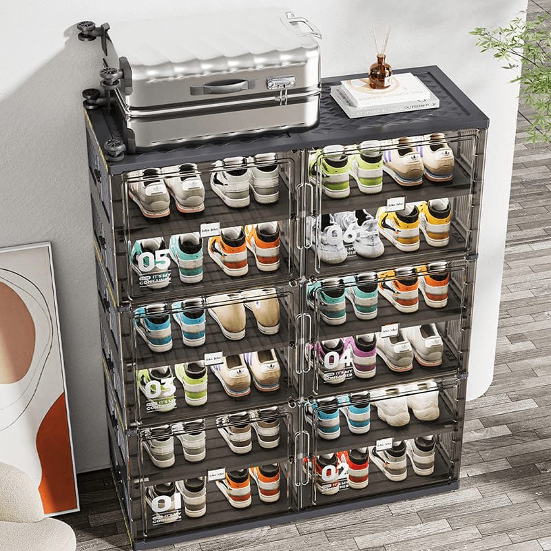 Foldable Shoe Rack Storage Cabinet With Shoes are Arranged On it.