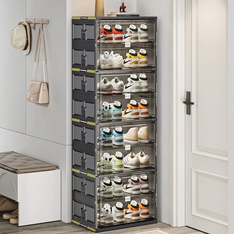 8 Layer Foldable Shoe Rack Storage Cabinet With Shoes are Arranged On it.