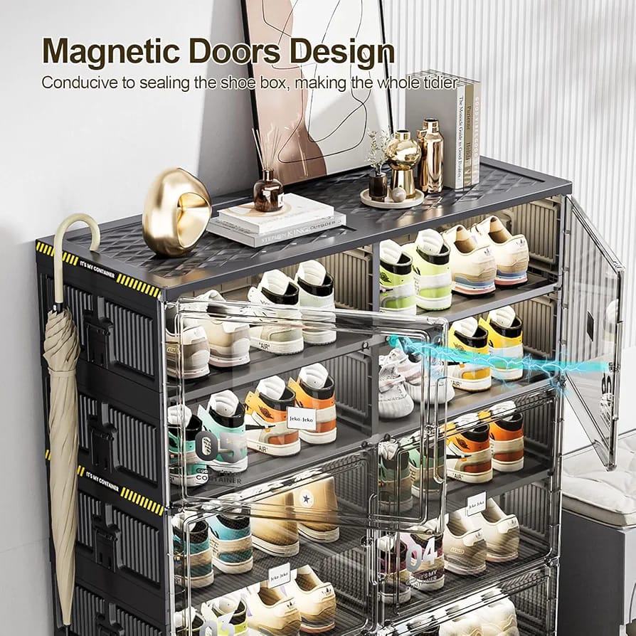 Foldable Shoe Rack Storage Cabinet With Shoes are Arranged On it.