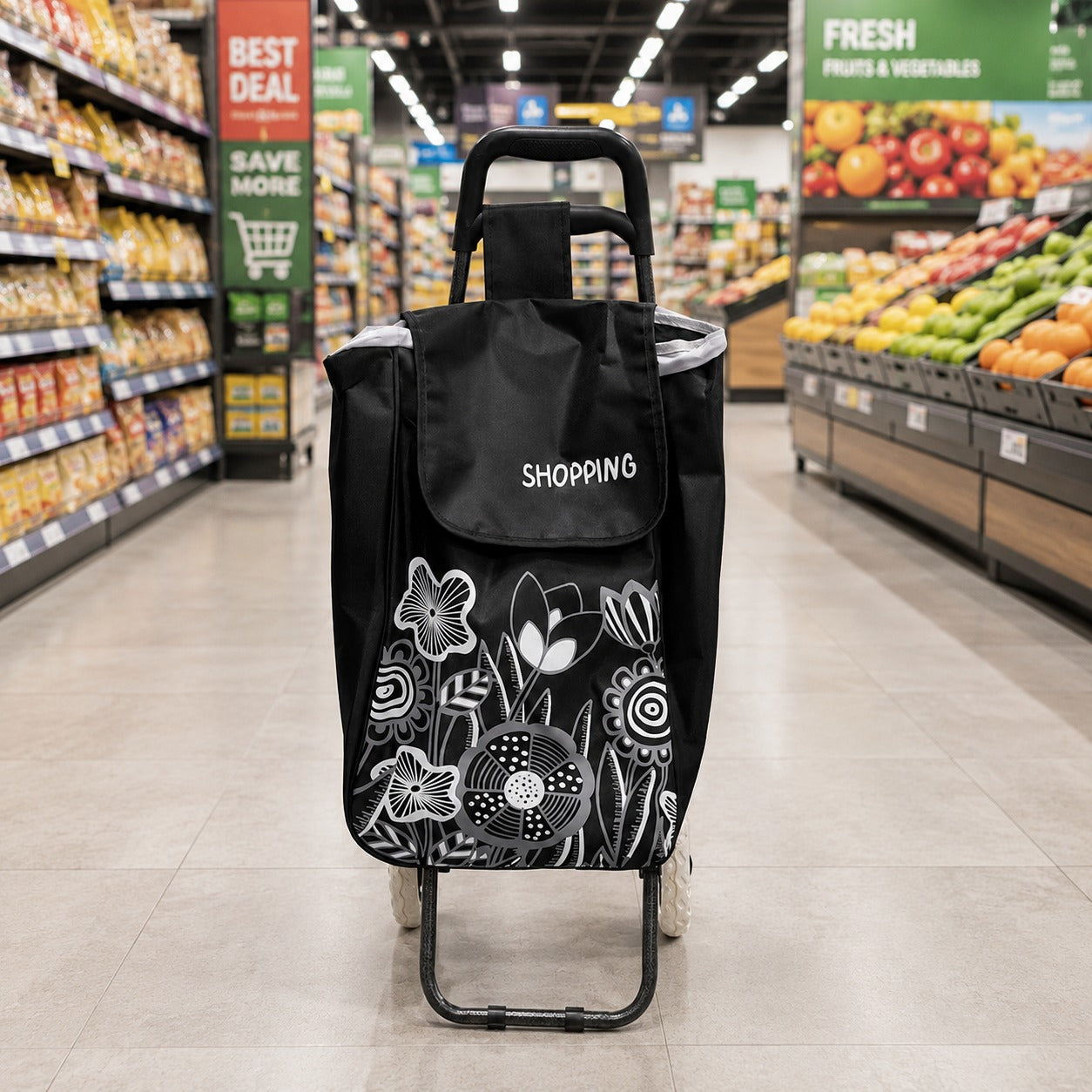 A Foldable Shopping Bag Trolley Cart with a floral white pattern and the word 'SHOPPING' on the front, positioned in the center aisle of a grocery store.