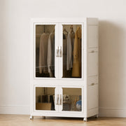 Foldable Storage Cabinet organized with clothes and other essentials.