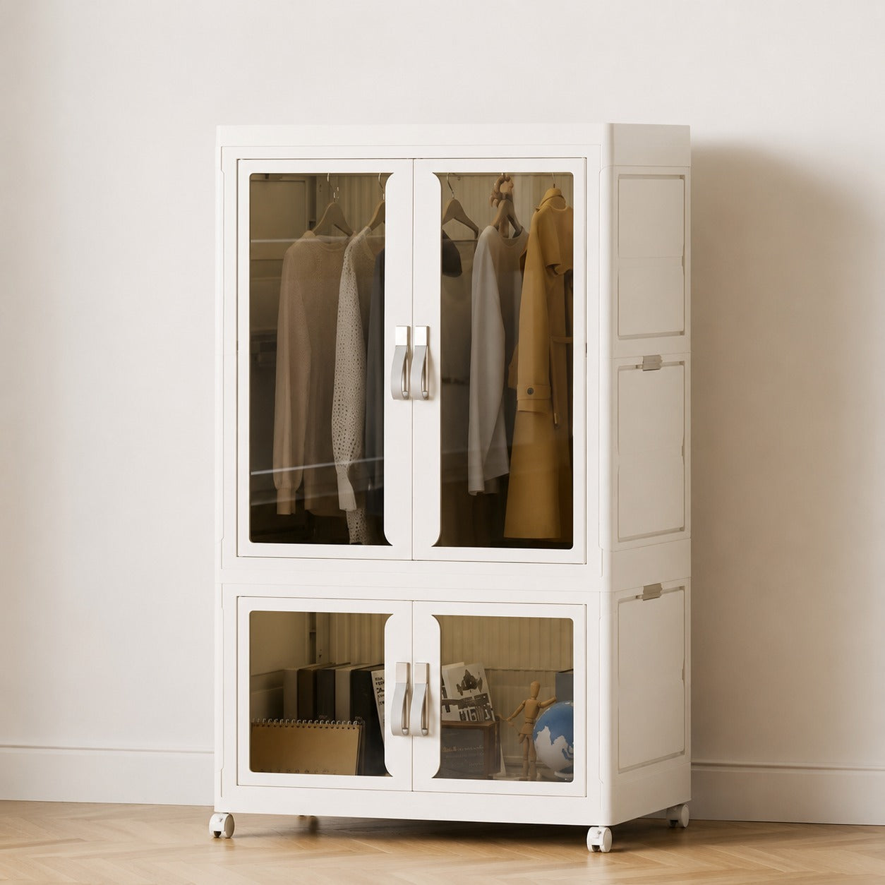 Foldable Storage Cabinet organized with clothes and other essentials.