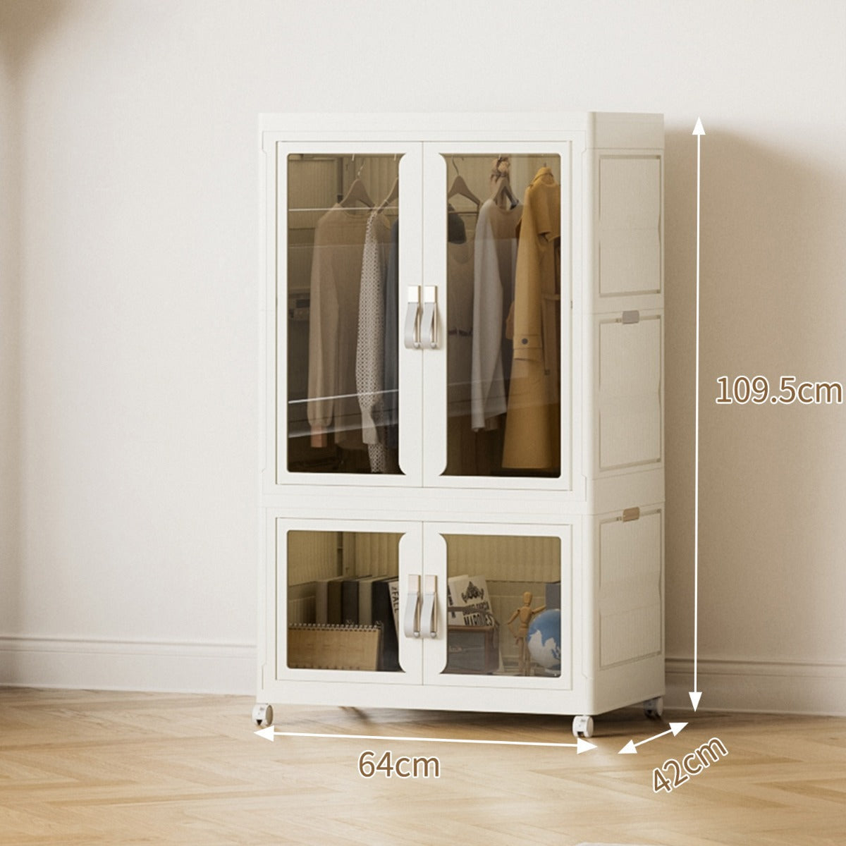 Size Details of Foldable Storage Cabinet organized with clothes and other essentials.