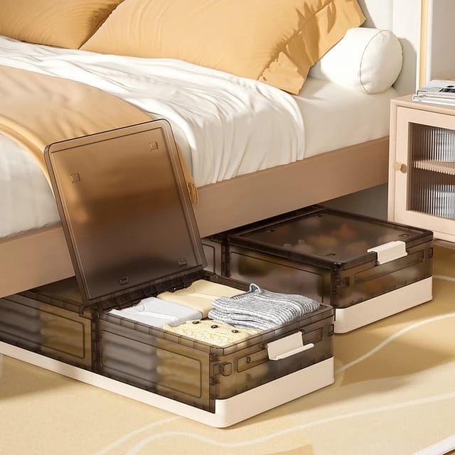 Foldable Under Bed Rolling Storage Organizer Container Organized With Cloths.
