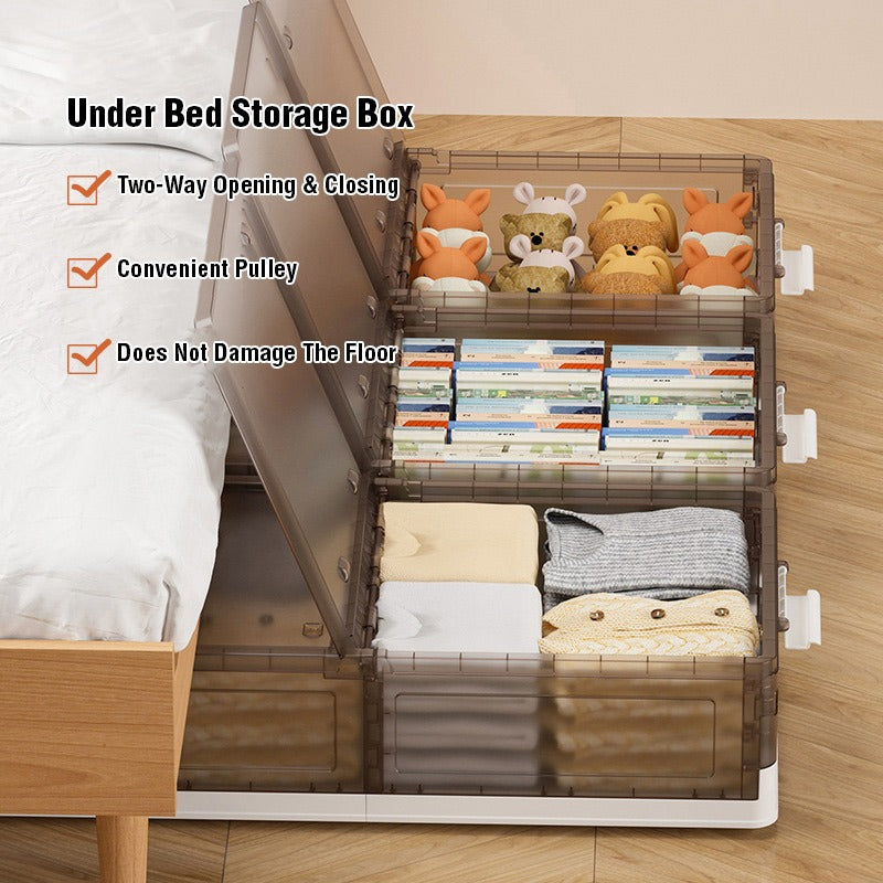 Foldable Under Bed Rolling Storage Organizer Container Organized With Various Items.