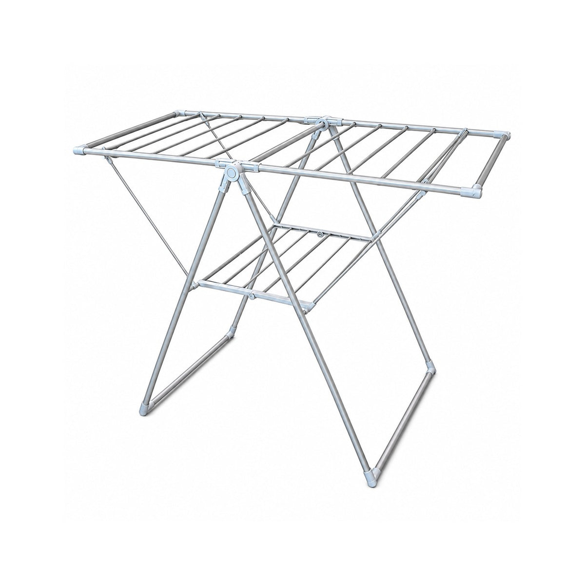 A silver metal folding clothesline rack with a top wire grid and a lower support shelf, shown on a plain white background.