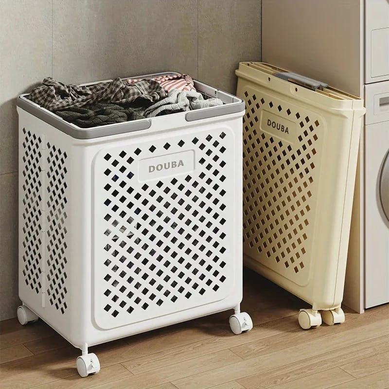 A Large Capacity Laundry Basket and Folded Basket is Placed Near Washing Machine.