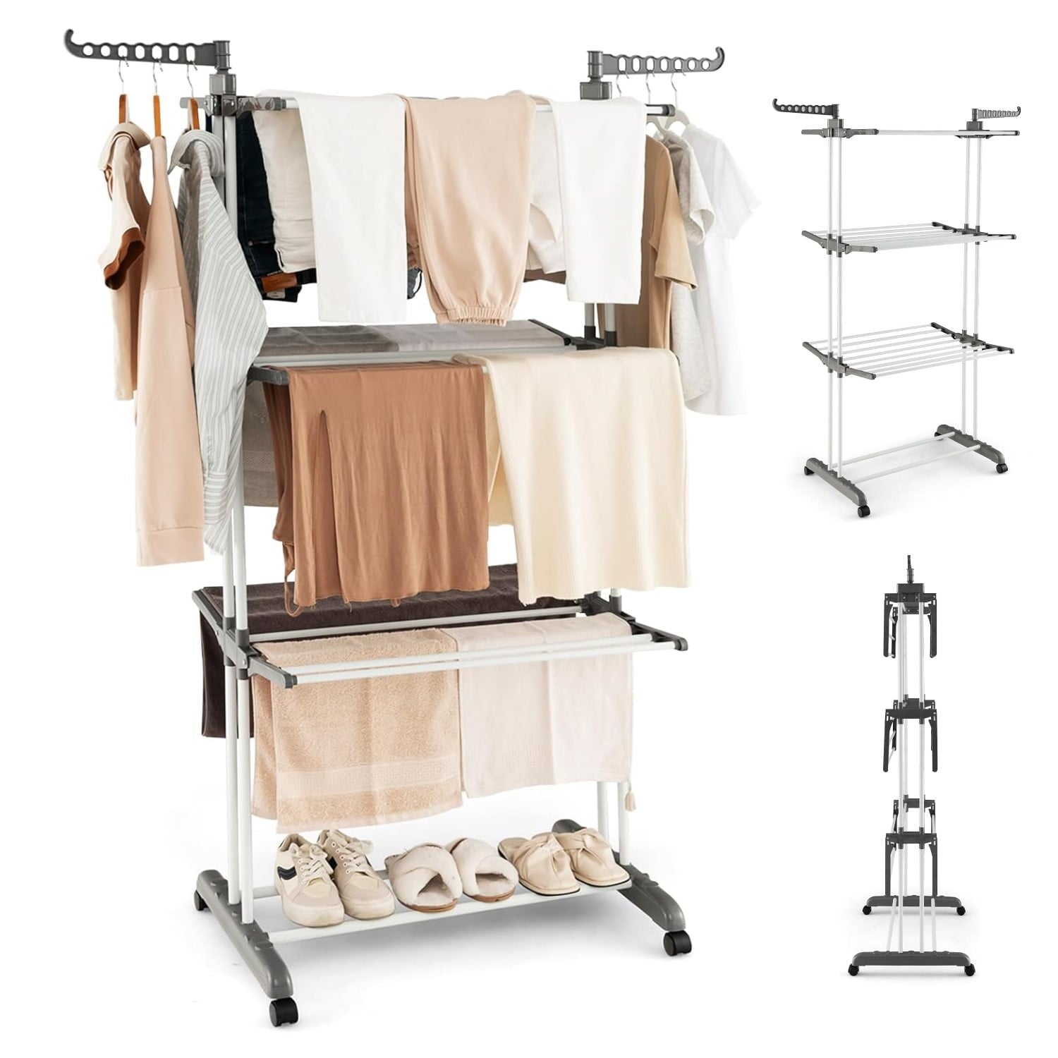 Folding 3 Layer Cloth Drying Rack Stand is Organized with clothes.