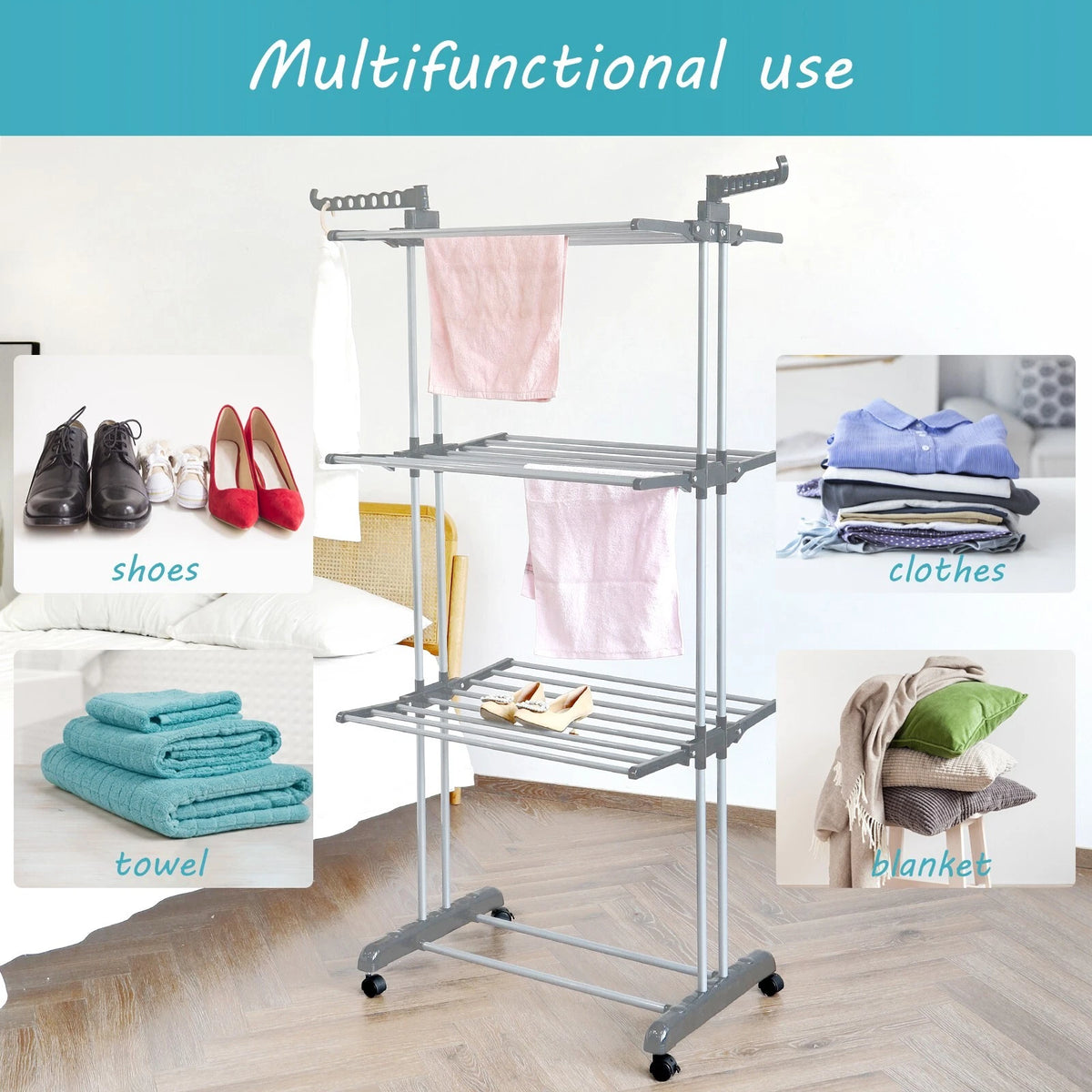 Multifunctional Use Of Folding 3 Layer Cloth Drying Rack Stand.
