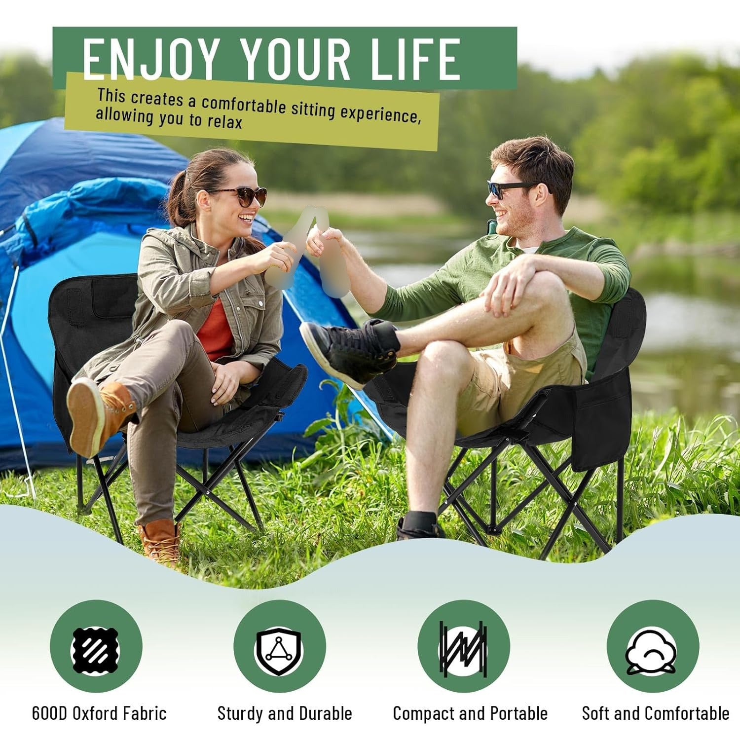Couples are Sitting On a Portable Folding Camping Chair.