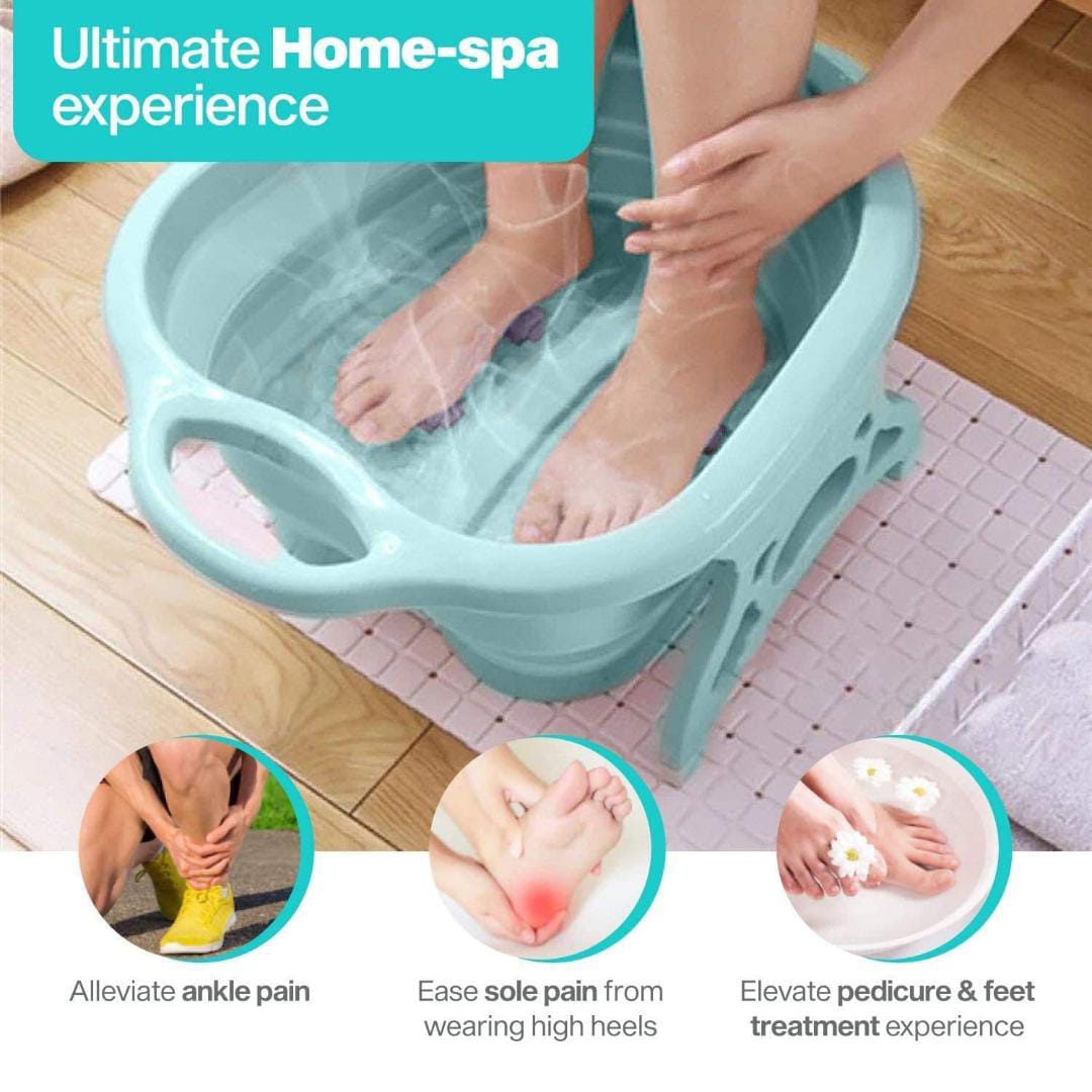 A Women is Washing Her Feet Using Folding Foot Tub Portable Foot Wash Tub Massage Bucket. 