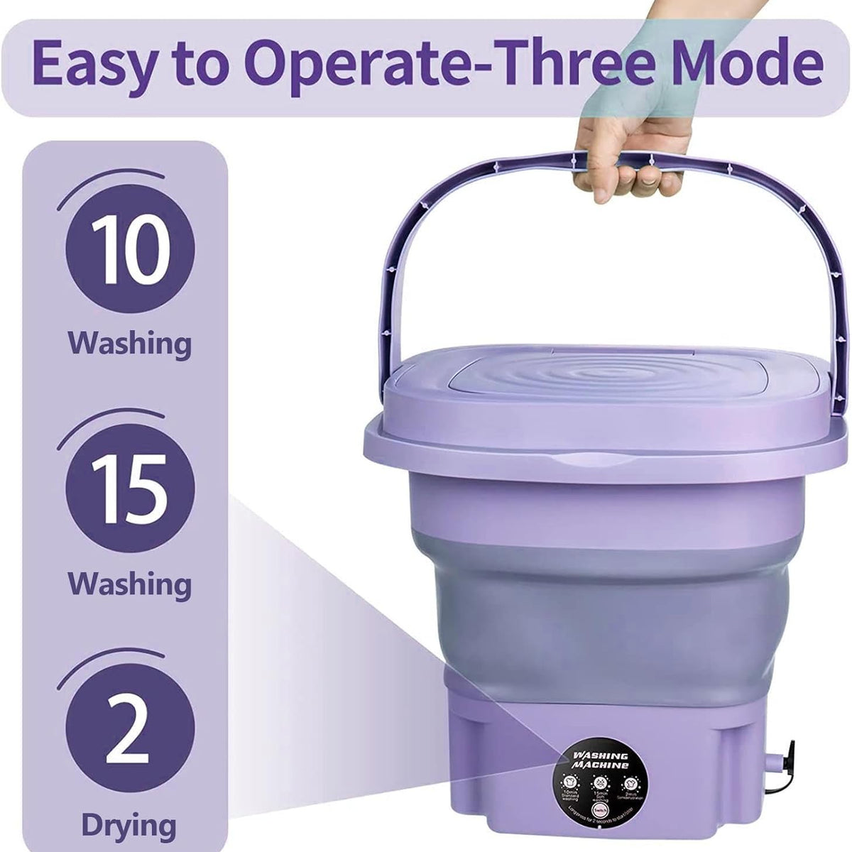 Purple collapsible washing machine with mode indicators and a hand holding it.