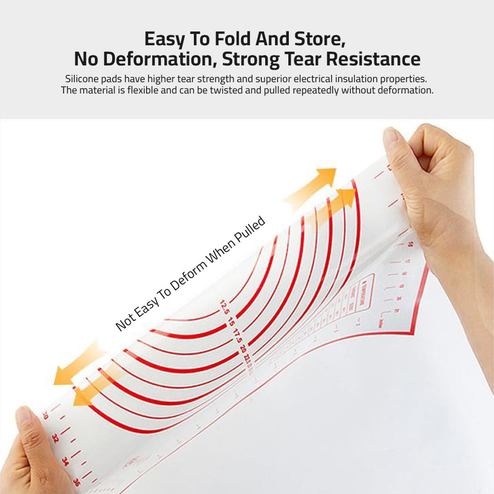 A Person is Folding Non-Slip Baking Mat With Measurements.