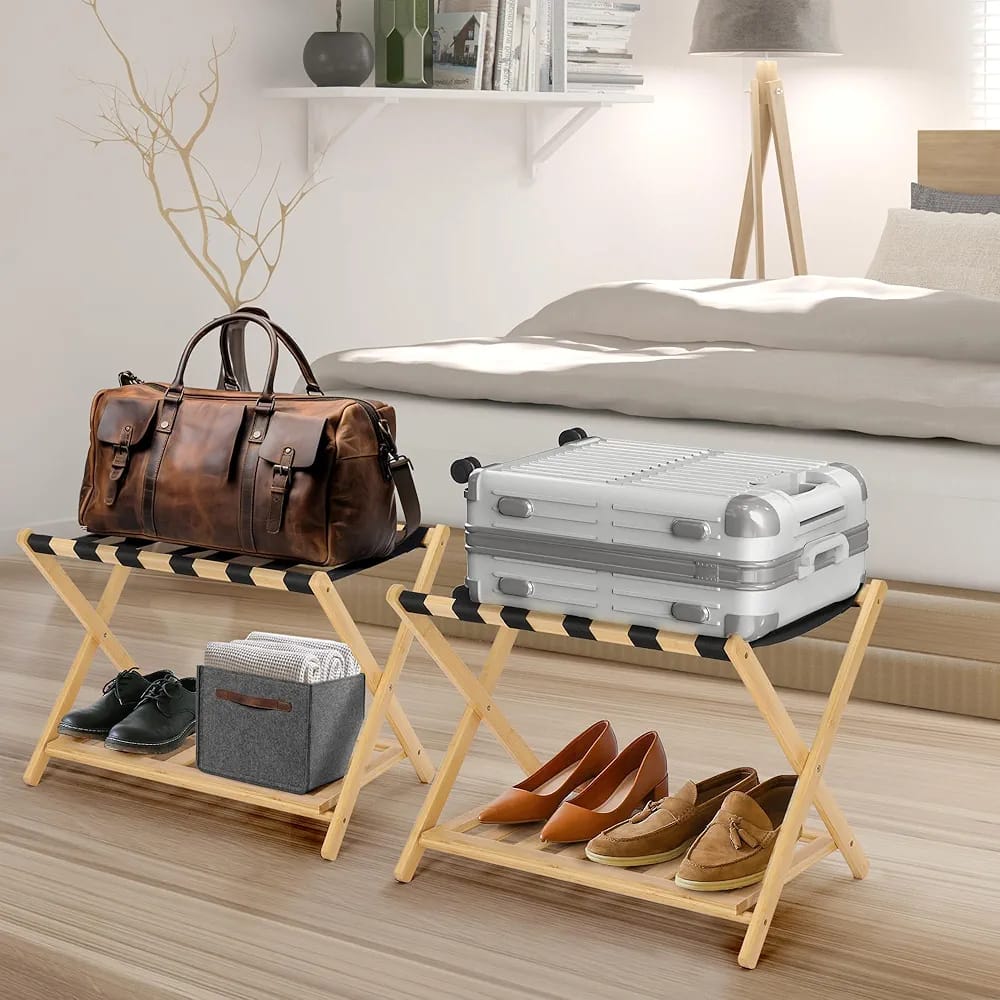 Luggages Are Placed On Folding Wooden Luggage Holder Rack.