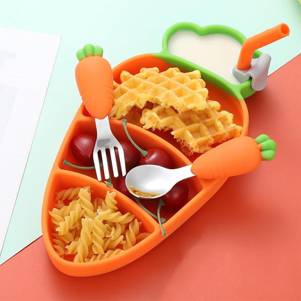 Food is Served in a Children Non-Slip Silicone Suction Dinner Plate With Fork and Spoon..