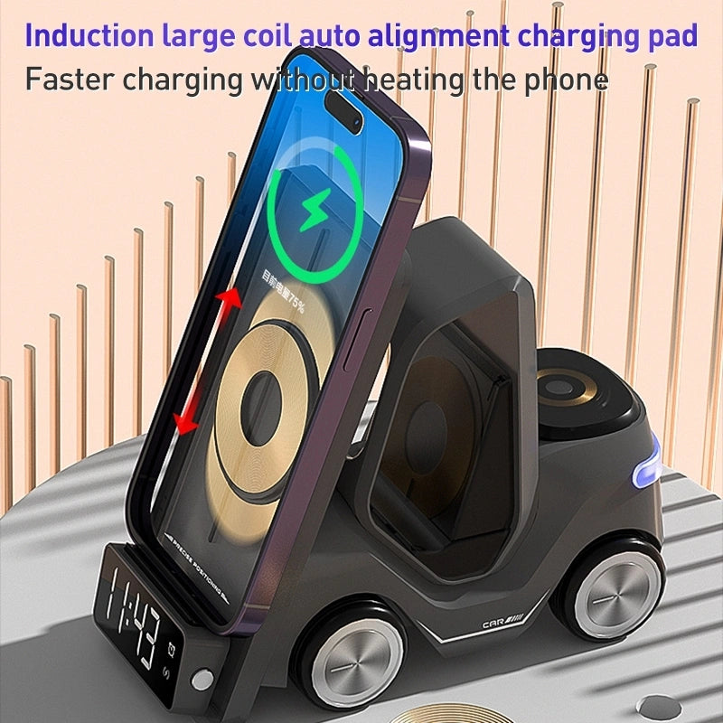 Forklift Car Design Wireless Phone Charger with LCD Screen and Alarm Clock for Mobile Phones, featuring an induction large coil for auto alignment on the charging pad