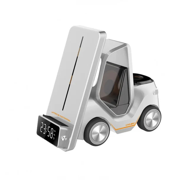 Forklift Car Design Phone Wireless Charger With LCD Screen and Alarm Clock for Mobile Phone in white color