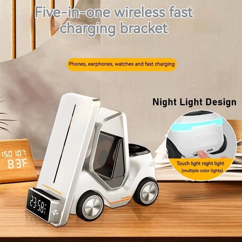 Forklift Car Design Wireless Phone Charger with LCD Screen and Alarm Clock for Mobile Phones, equipped with ambient night lights
