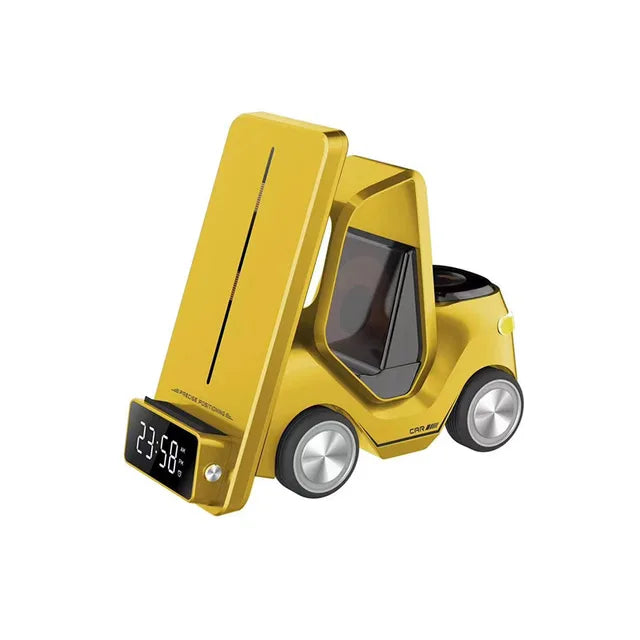 Forklift Car Design Phone Wireless Charger With LCD Screen and Alarm Clock for Mobile Phone in yellow color