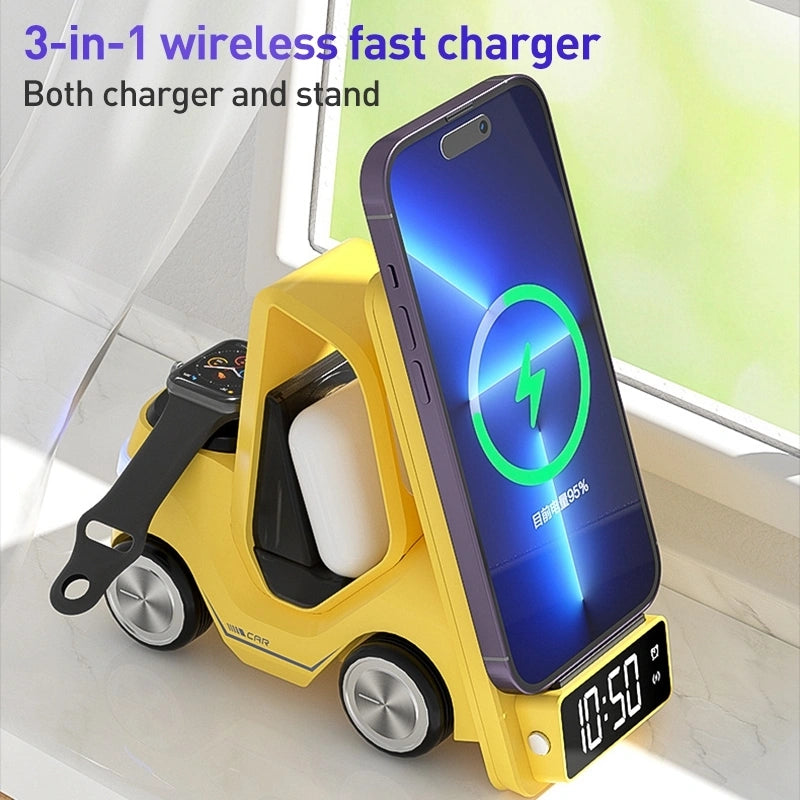 A phone placed on the Forklift Car Design Wireless Phone Charger with LCD Screen and Alarm Clock for Mobile Phones