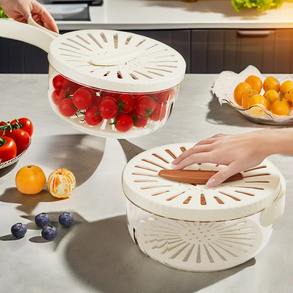 A Person is Holding  Fruit Drain Basket with Lid.