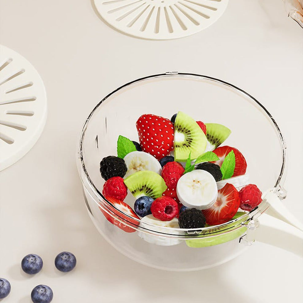 Fruit Drain Basket with Lid Filled With Fruits.