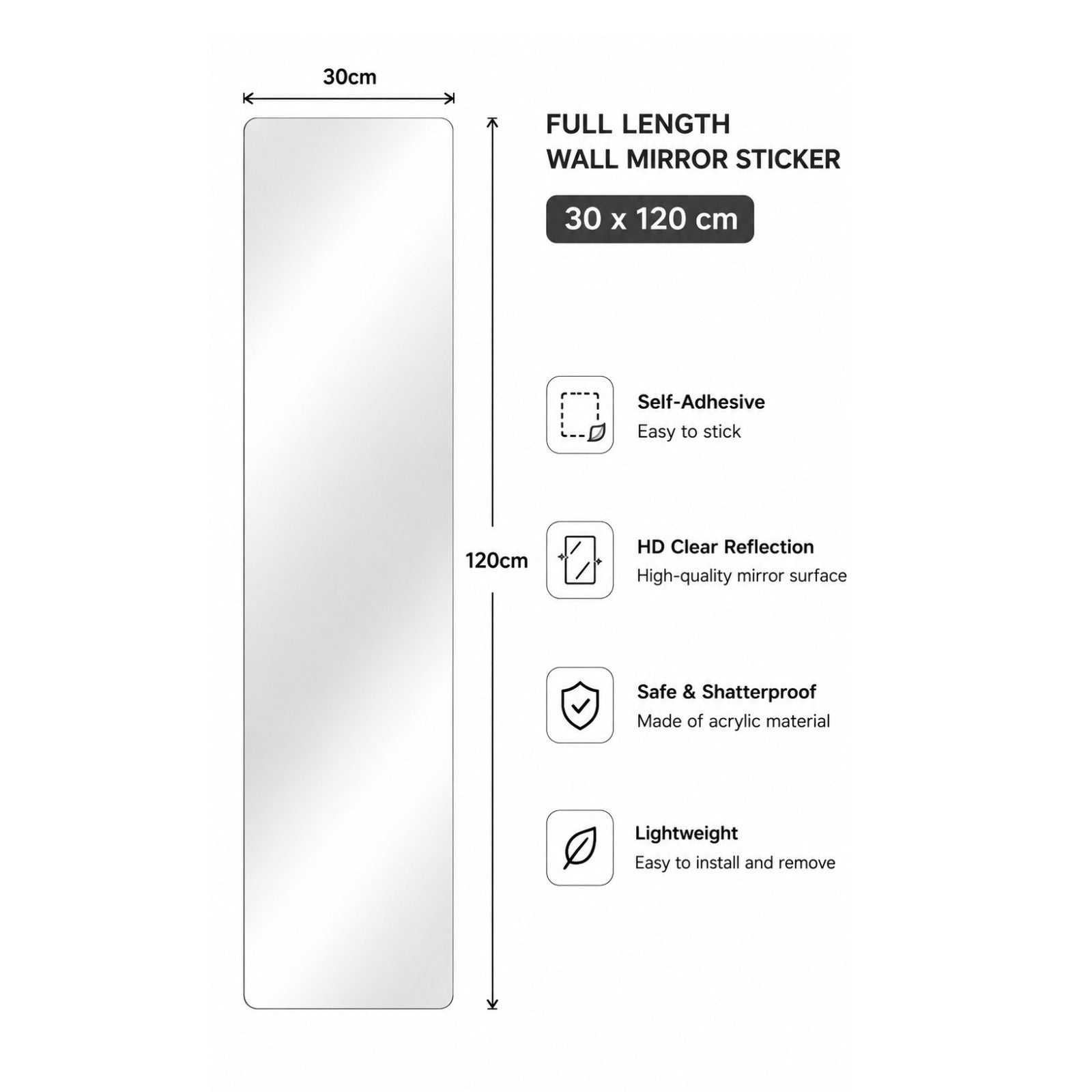 Full-length wall mirror sticker with dimensions and features on a white background