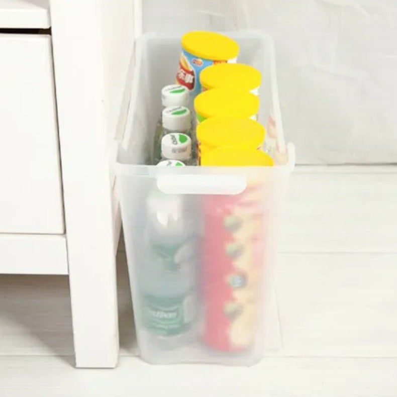 Space-Saving Narrow Gap Long Storage Box with Wheels placed on the floor next to the table