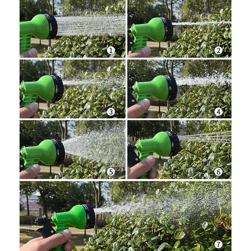 A Person is Watering Plants Using Garden Hose Reel Pipe.