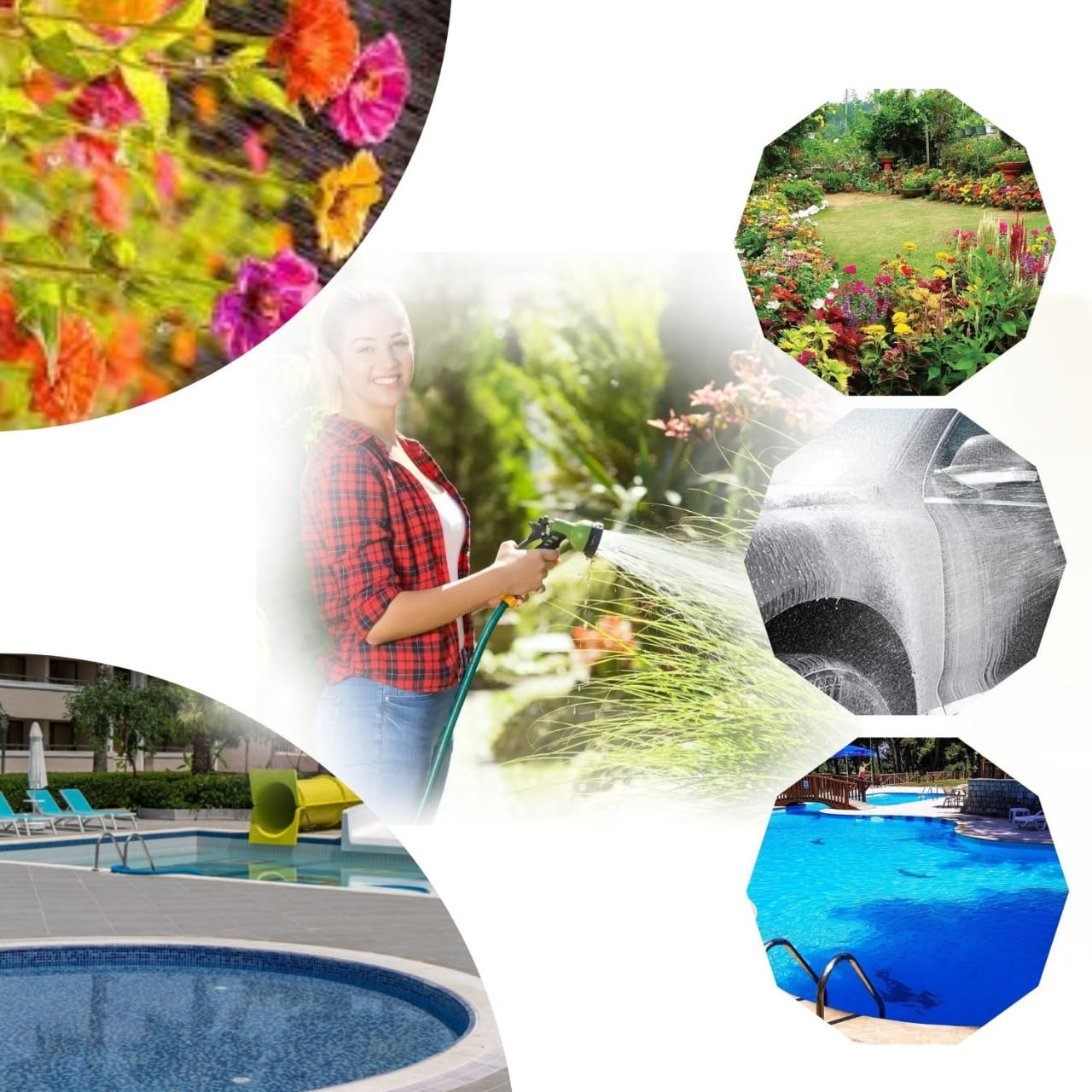 A Women is Watering Plants Using Garden Hose Reel Pipe.